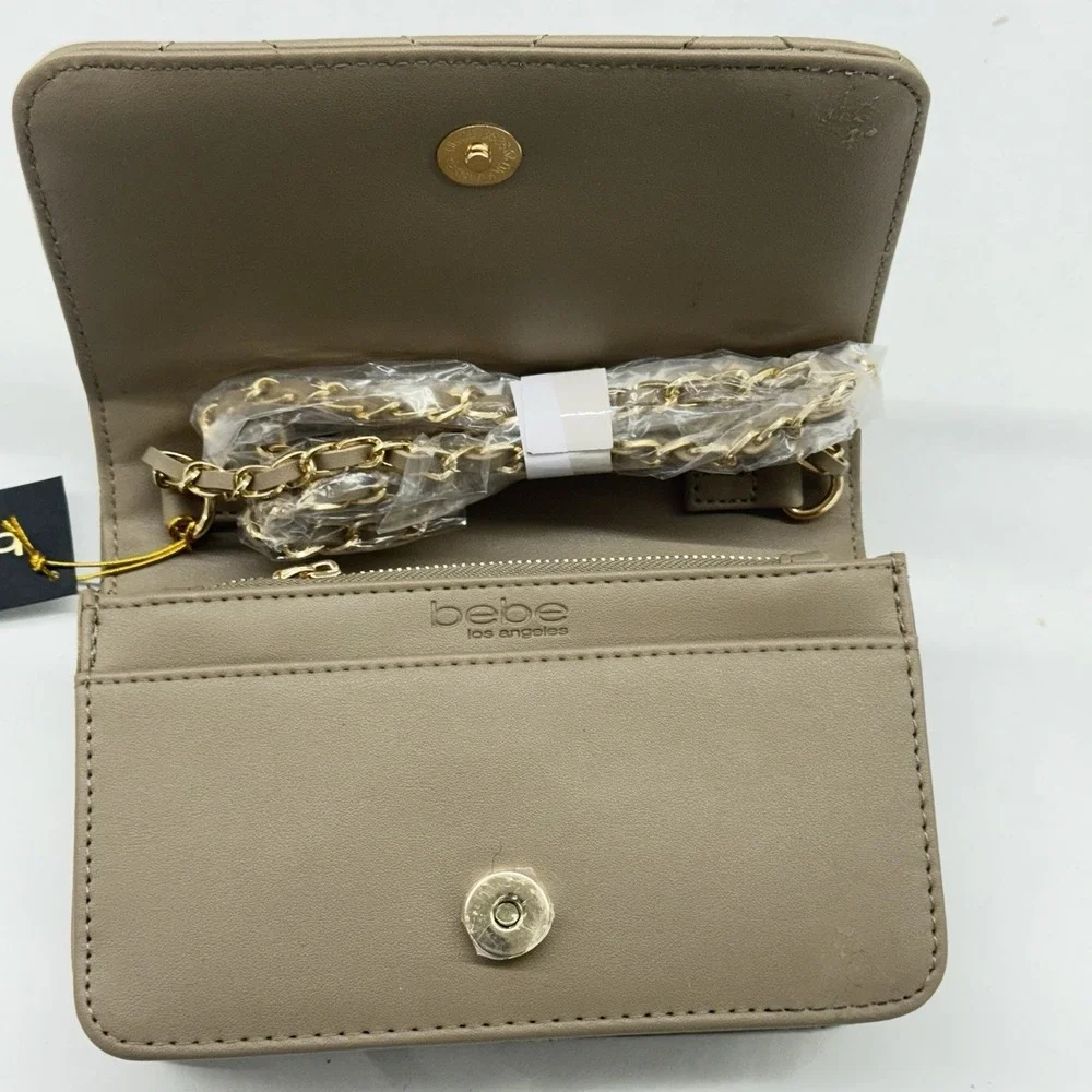 BeBe Los Angeles Sophia Crossbody Small Taupe Quilted Bag Purse Chain Strap NEW - Picture 5 of 9